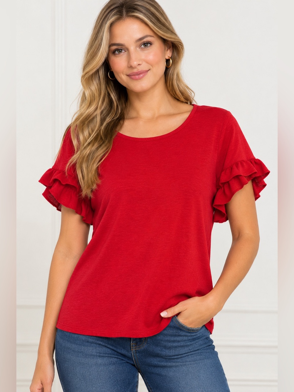 SHEIN Vibrant Red Short Sleeve Ruffle Knit Top